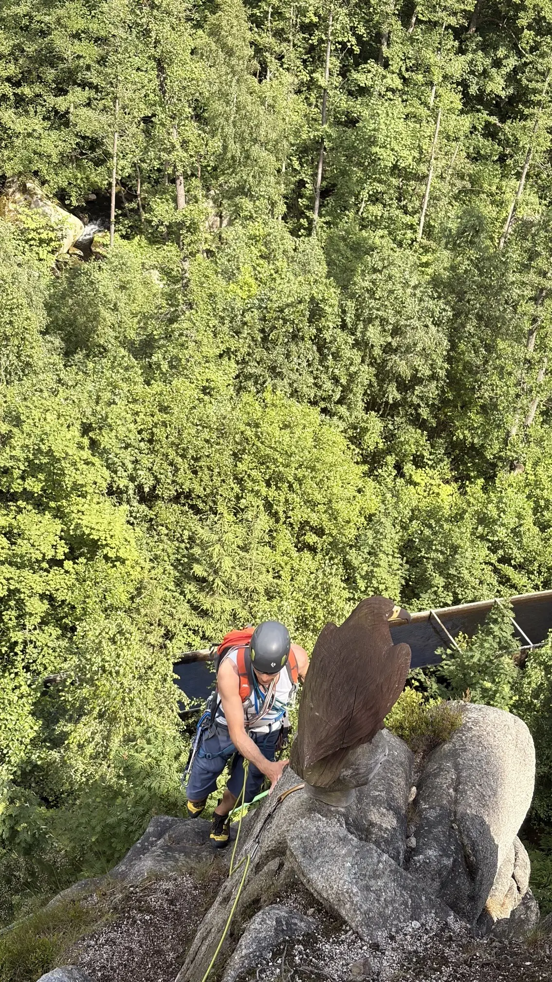 „Blick von oben auf eine Person beim Klettern an einem felsigen Gipfel. Die Person trägt einen Kletterhelm, einen Rucksack und ist mit Seil und Sicherungsmaterial am Fels gesichert. Direkt neben der Person steht eine große Adlerfigur auf einem Felsen. Unterhalb des Gipfels und im Hintergrund befindet sich ein weitläufiger, dichter Laubwald in verschiedenen Grüntönen. Das Bild vermittelt die Höhe des Standorts und die naturnahe Umgebung des Felsens.“ | © Gunnar Helms