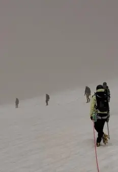 Angeseilte Seilschaft bewegt sich mit Steigeisen über ein weites Schneefeld bei eingeschränkter Sicht im Hochgebirge. | © P.J.Müller