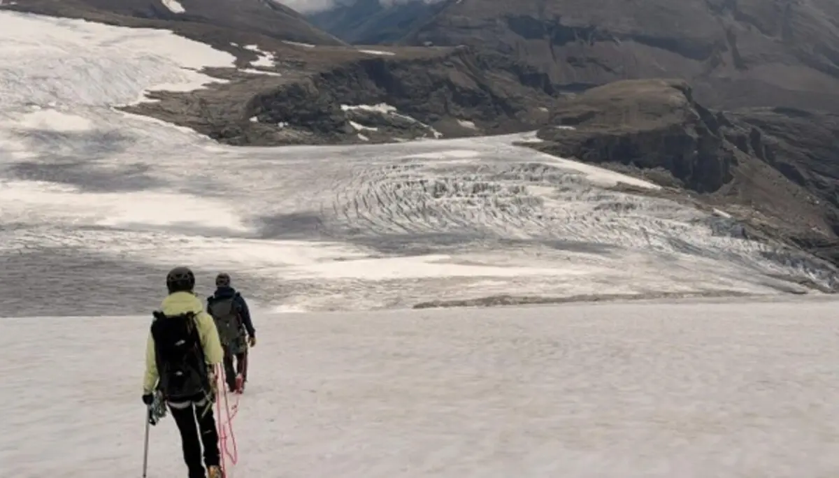 Zwei angeseilte Personen steigen über ein Schneefeld ab. Im Hintergrund sind Gletscherflächen und eine karge hochalpine Berglandschaft zu sehen. | © P.J.Müller