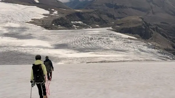Zwei angeseilte Personen steigen über ein Schneefeld ab. Im Hintergrund sind Gletscherflächen und eine karge hochalpine Berglandschaft zu sehen. | © P.J.Müller