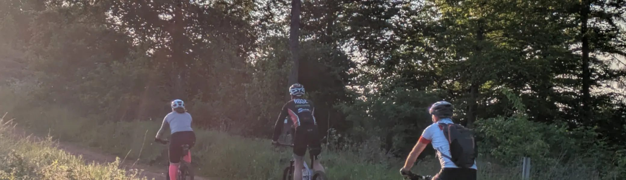 Drei Personen fahren mit Fahrrädern auf einem sonnigen, unbefestigten Weg durch eine grüne Landschaft. Sie tragen Helme und sportliche Kleidung. Die tiefstehende Sonne wirft lange Schatten, und rundherum stehen hohe Bäume mit frischem Laub. Rechts oben im Bild befindet sich das Logo „DAV Bielefeld“. | © Jörn Gehring