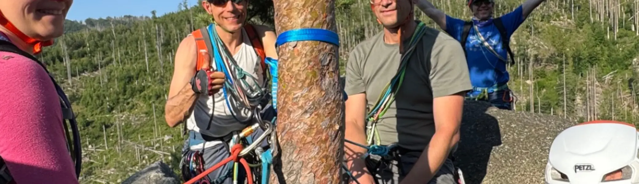 Mehrere Personen mit Kletterhelmen und Kletterausrüstung sitzen und stehen auf einer Felsformation um einen Baum, der als Sicherungspunkt mit Seilen und Karabinern genutzt wird. | © Gunnar Helms