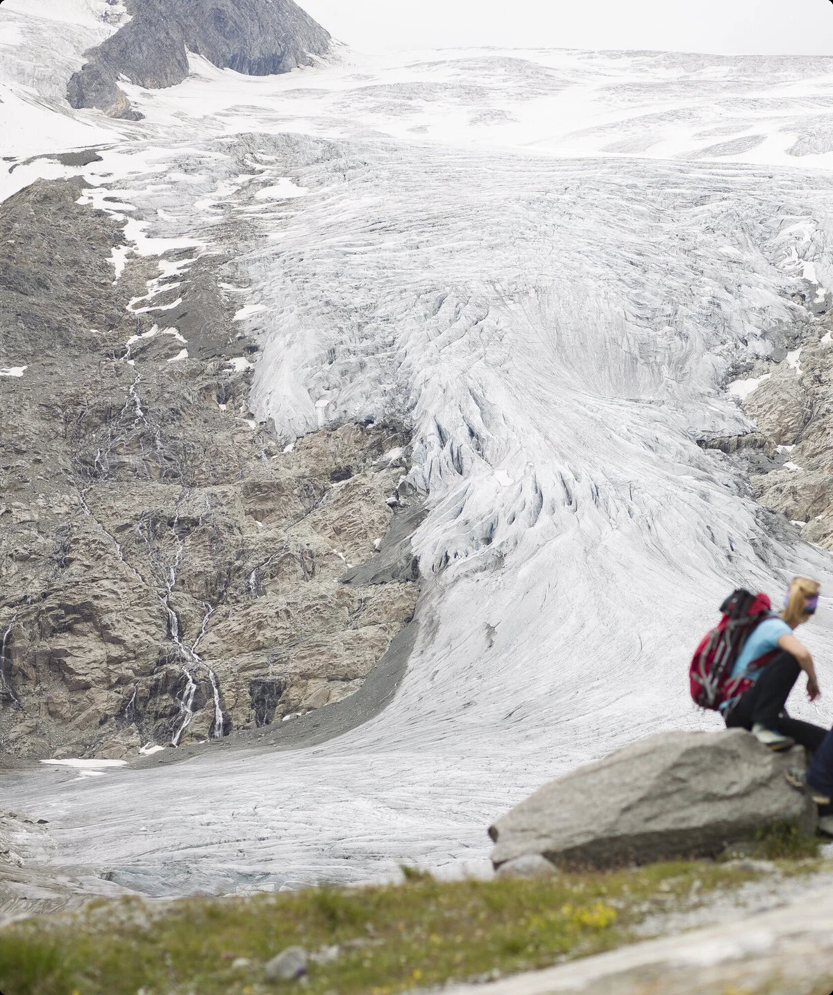 Drei Wandernde blicken nahe der Neuen Prager Hütte am Großvenediger auf den verschwindenden Gletscher. | © DAV / Jens Klatt