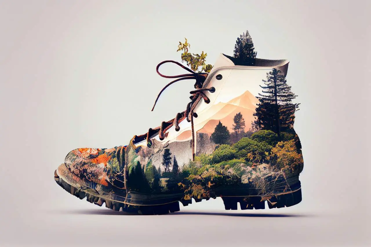 Ein Bergschuh, auf dem nachhaltige Symbole abgebildet sind | © Adobe Stock
